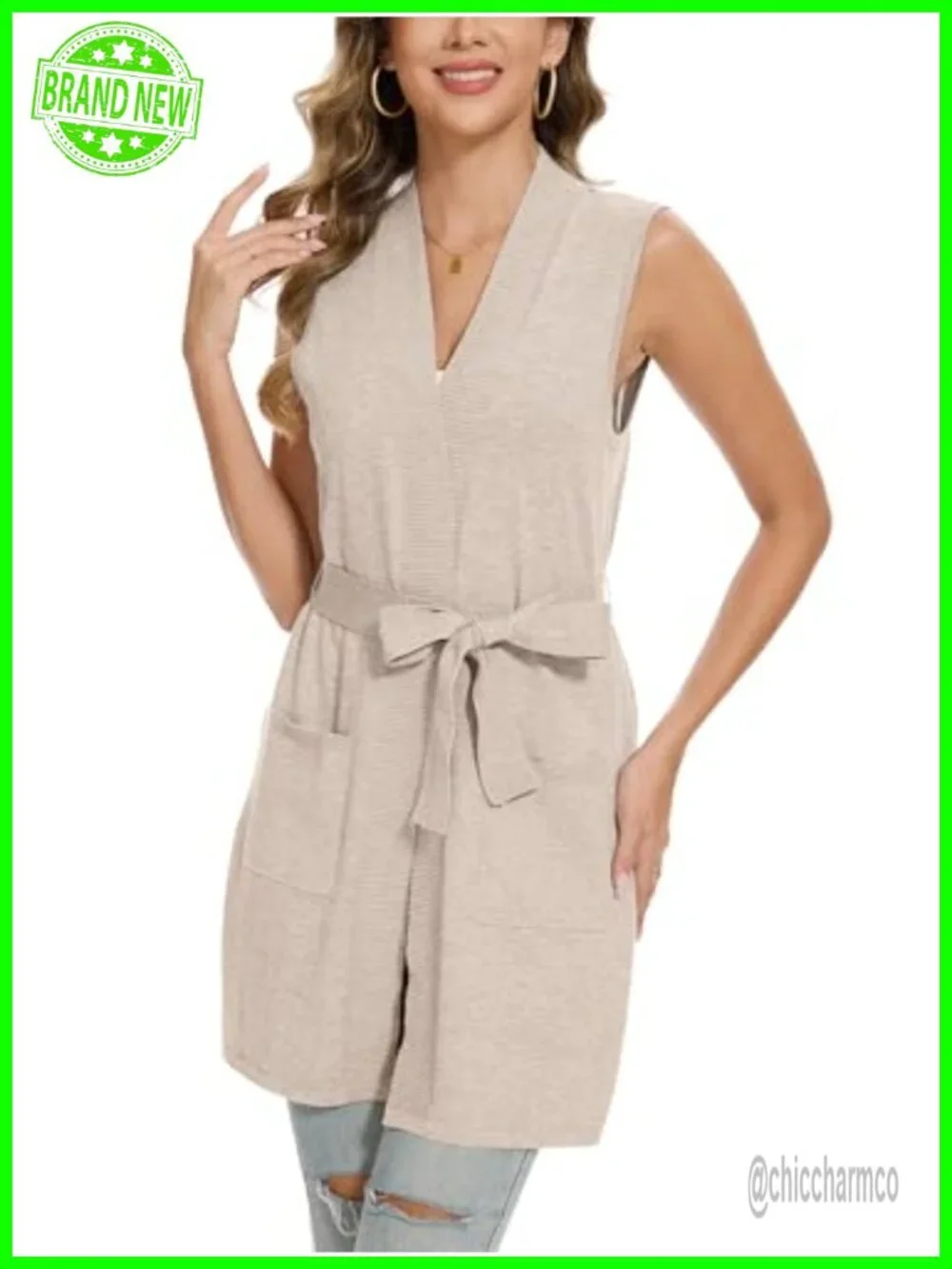 Sleeveless Ribbed Cardigan Vest with Pockets Open Front